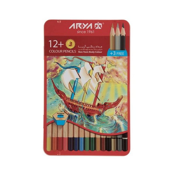 مداد رنگی آریا جعبه فلزی- 12+3 رنگی